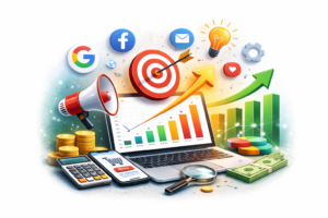 Performance marketing illustration showing a laptop with growth charts, target icon, social platforms, and rising traffic and revenue